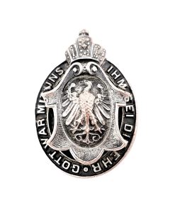 Abzeichen – Patriotische Brosche mit Krone – Gott war mit uns – Ihm sei die Ehr – Punze E & S INV.